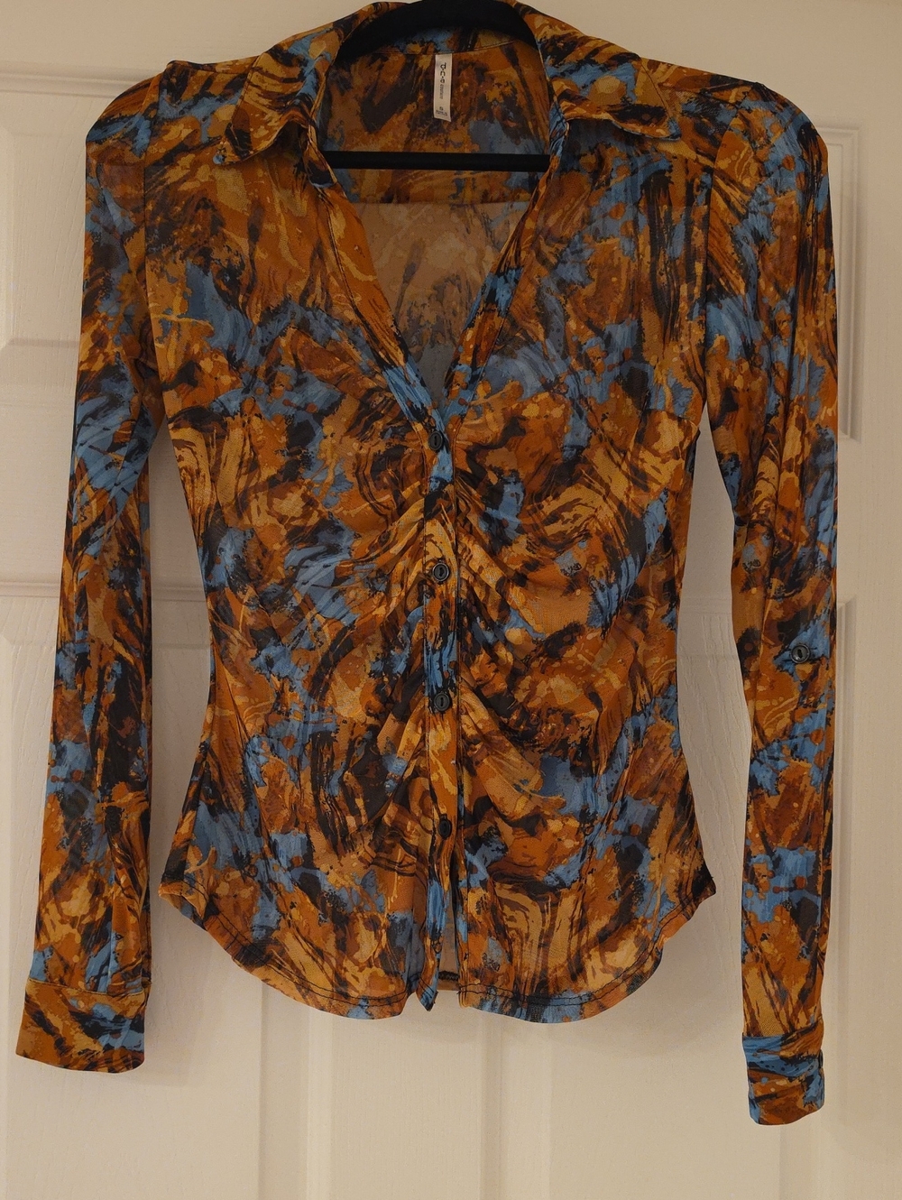 DNA couture Blue and Brown Abstract Print Button-Down Shirt